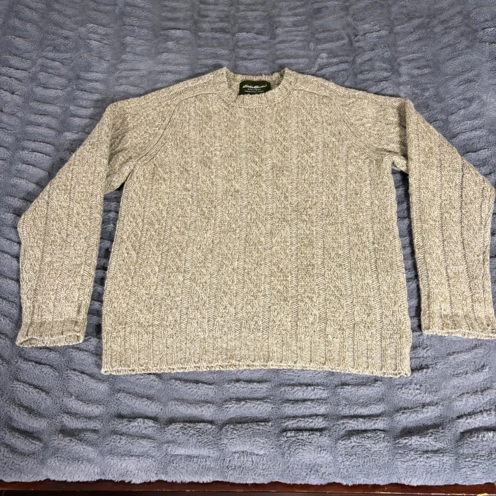 Eddie Bauer Heritage Mens Small 100% Wool Cable Knit Sweater Beige Crew Neck